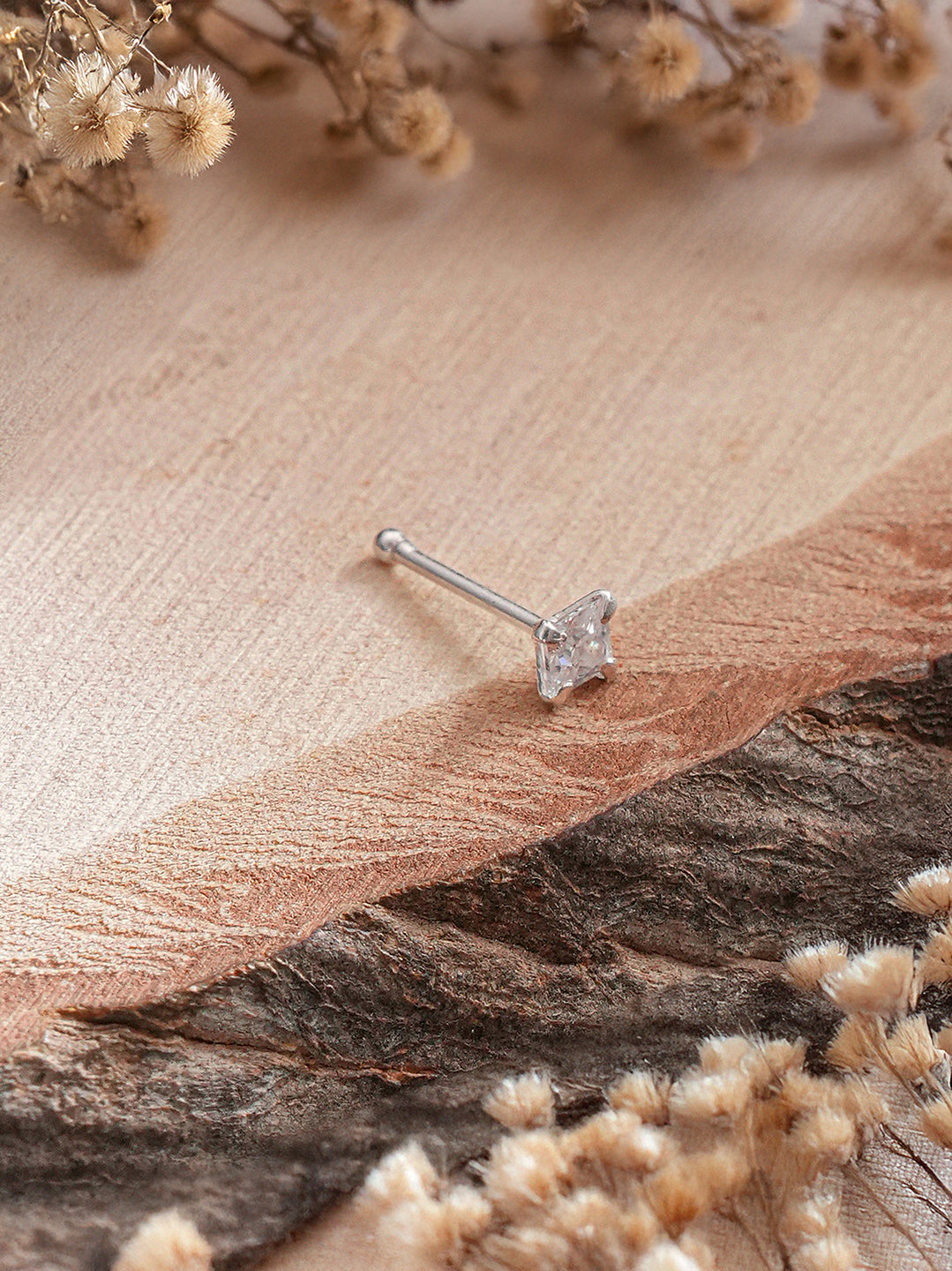 925 Sterling Silver Princess Cut AD Solitaire Single Studds Shiny Nose Pin